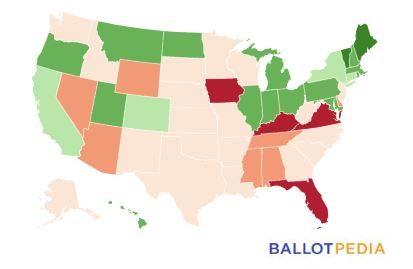 Key: (1) Dark Green--convicted felons always retained the right to vote; (2) Medium Green--right to vote after prison term completed; (3) Light Green--right to vote after prison term and parole completed; (4) Light Red--right to vote after prison, parole, and probation completed; (5) Medium Red--certain felons never regain right to vote; (6) Dark Red--no felons regain right to vote.